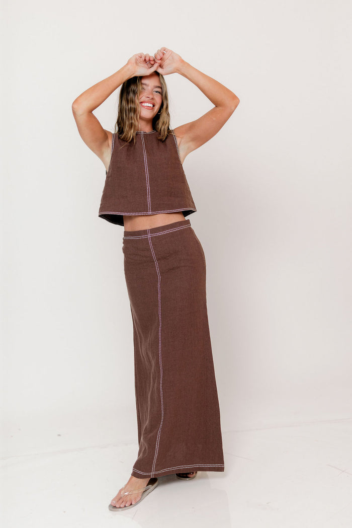 Kenzy Contrast Stitch Linen Maxi Skirt in Brown *Final Sale*