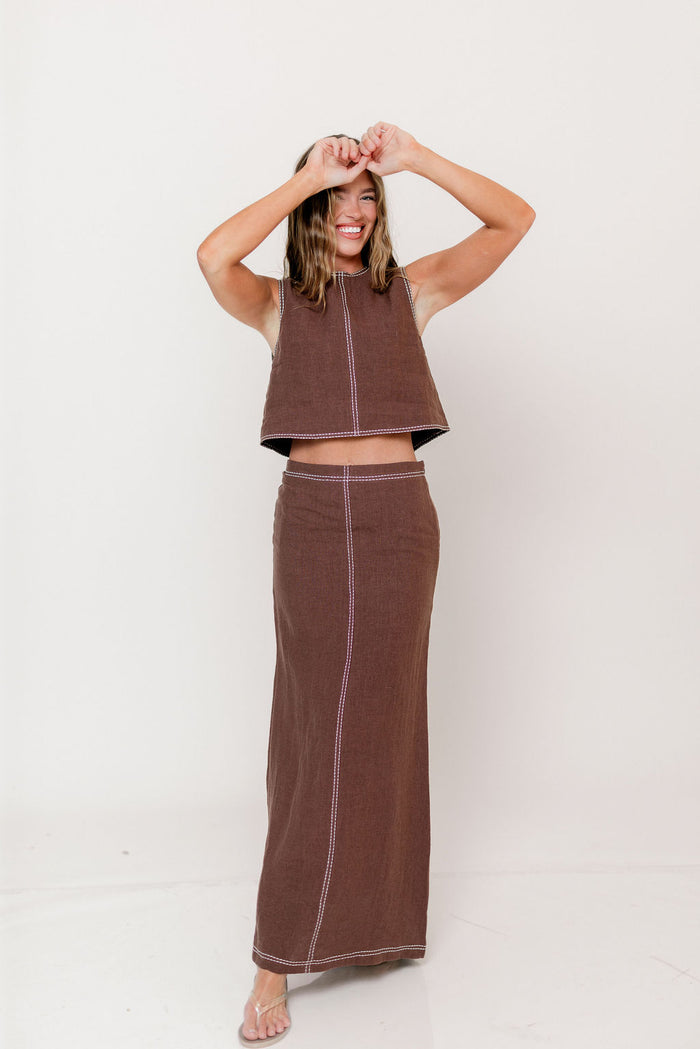 Kenzy Contrast Stitch Linen Maxi Skirt in Brown *Final Sale*