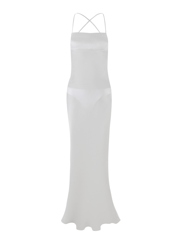 The TIGERMIST KIAH MAXI DRESS - WHITE: ICE is a long, white bias-cut maxi with adjustable criss-cross straps, fitted bodice, open back, and slightly flared hem for an elegant sleeveless look.