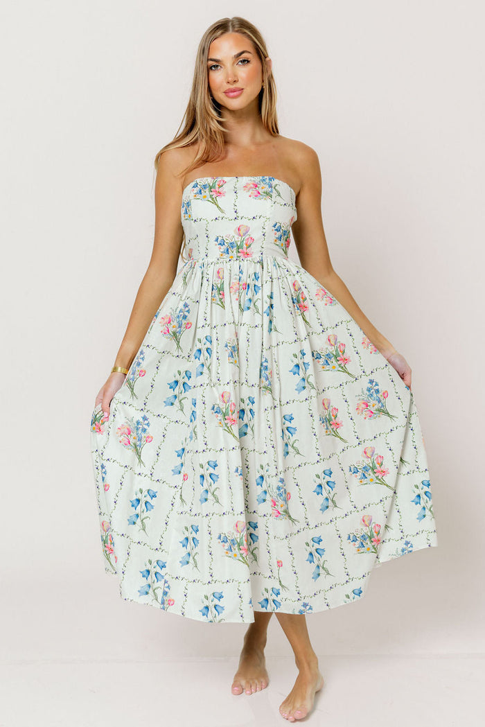Kit Strapless Flare Floral Midi Dress in Multi