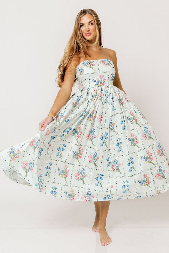 Kit Strapless Flare Floral Midi Dress in Multi