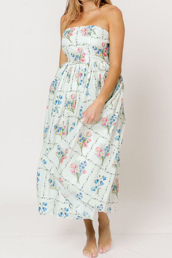 Kit Strapless Flare Floral Midi Dress in Multi