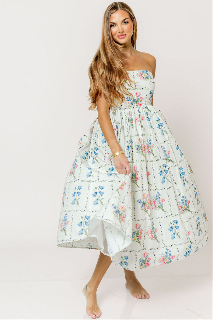 Kit Strapless Flare Floral Midi Dress in Multi