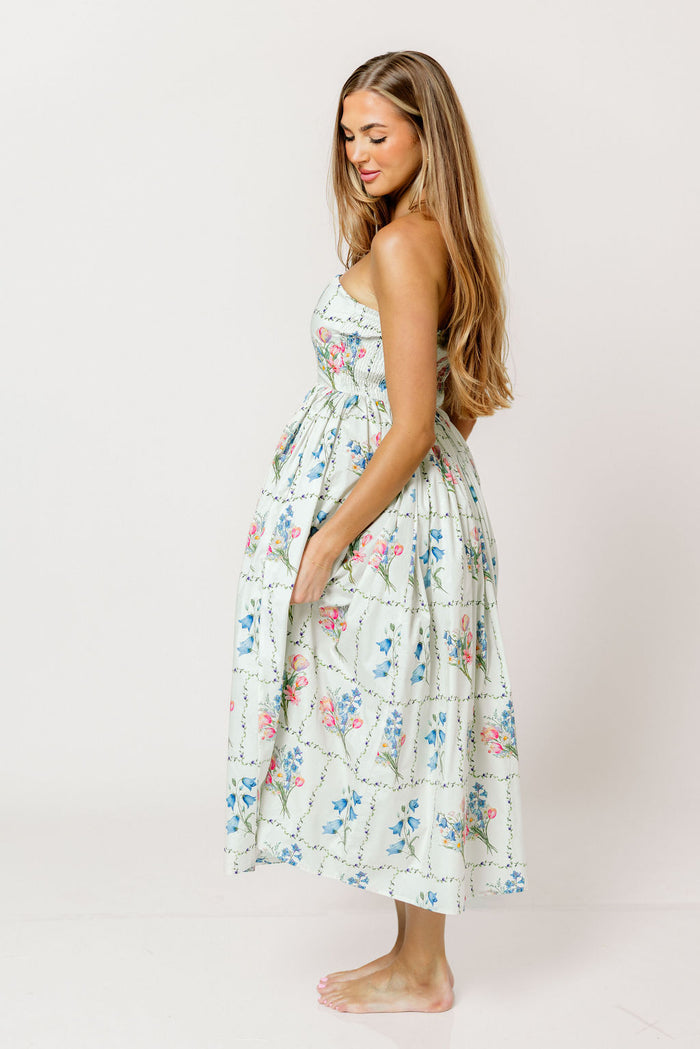 Kit Strapless Flare Floral Midi Dress in Multi