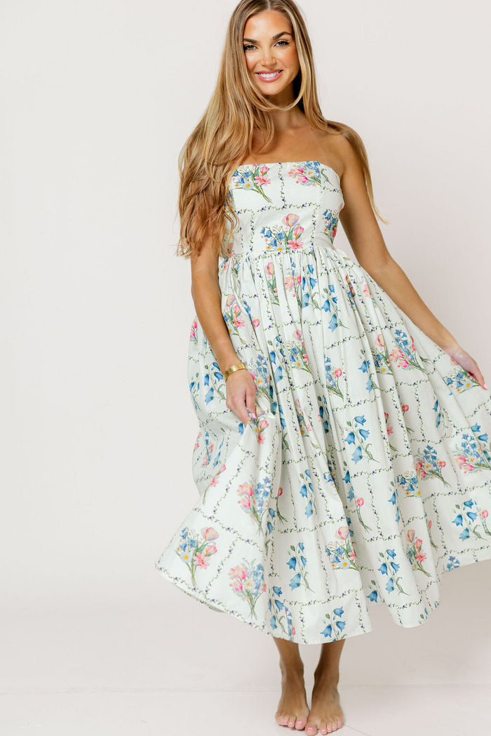 Kit Strapless Flare Floral Midi Dress in Multi