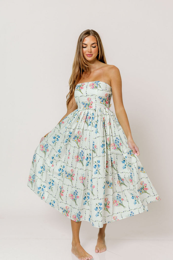 Kit Strapless Flare Floral Midi Dress in Multi