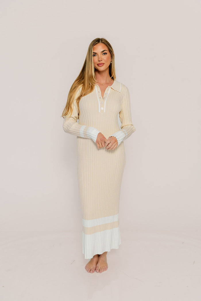 Kris Colorblock Polo Rib-Knit Maxi Dress in Natural *Final Sale*