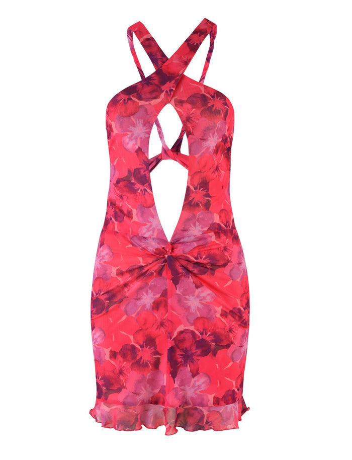 Introducing the KRUZE MINI DRESS - PINK : HIBISCUS by TIGERMIST, a sleeveless, knee-length pink floral dress adorned with a vibrant red and pink pattern. It features stylish criss-cross straps and an eye-catching large keyhole cutout at the front. The subtle ruffles at the hem add a touch of elegance to its bold design, while the high-stretch material ensures a comfortable yet flattering bodycon fit.