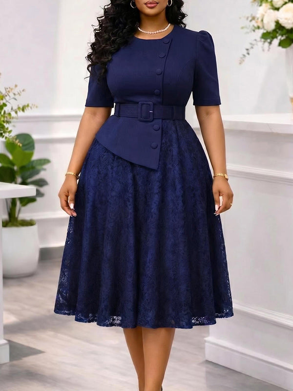 Lace Combo Belted Dress