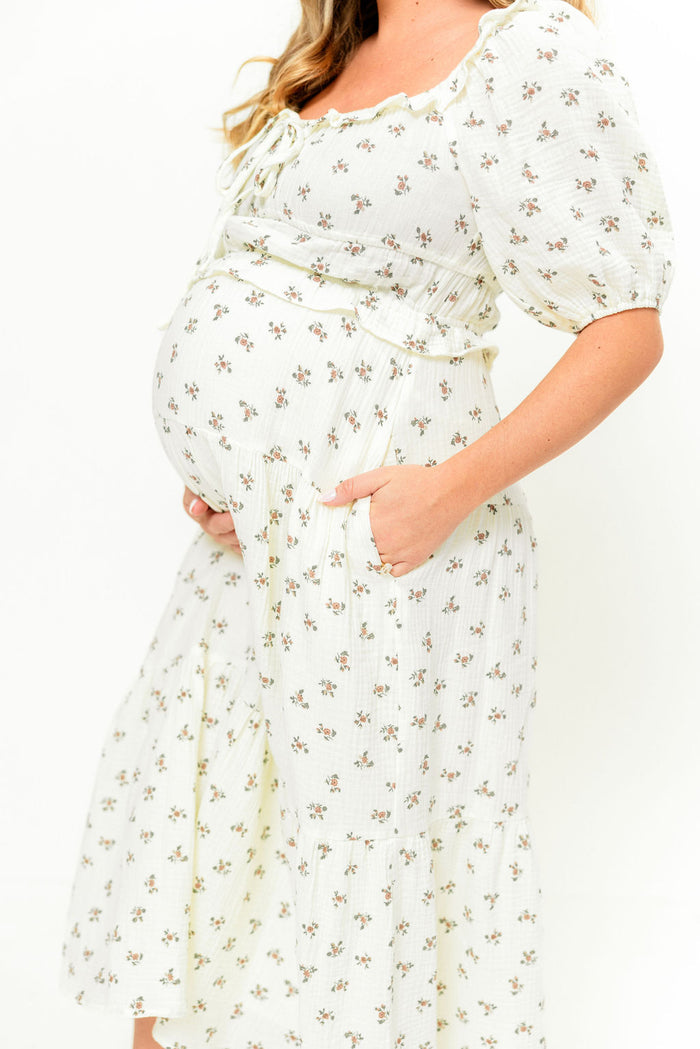 Landon 100% Cotton Ruched Puff Sleeve Ruffle Tiered Floral Midi Dress in Beige - Bump Friendly
