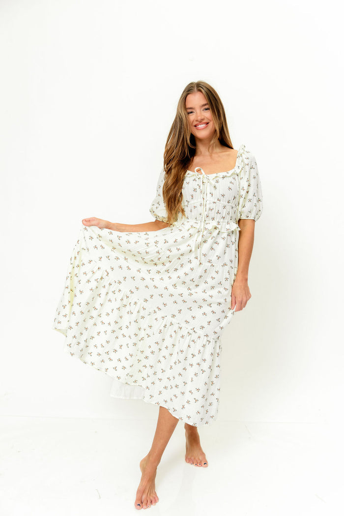 Landon 100% Cotton Ruched Puff Sleeve Ruffle Tiered Floral Midi Dress in Beige - Bump Friendly