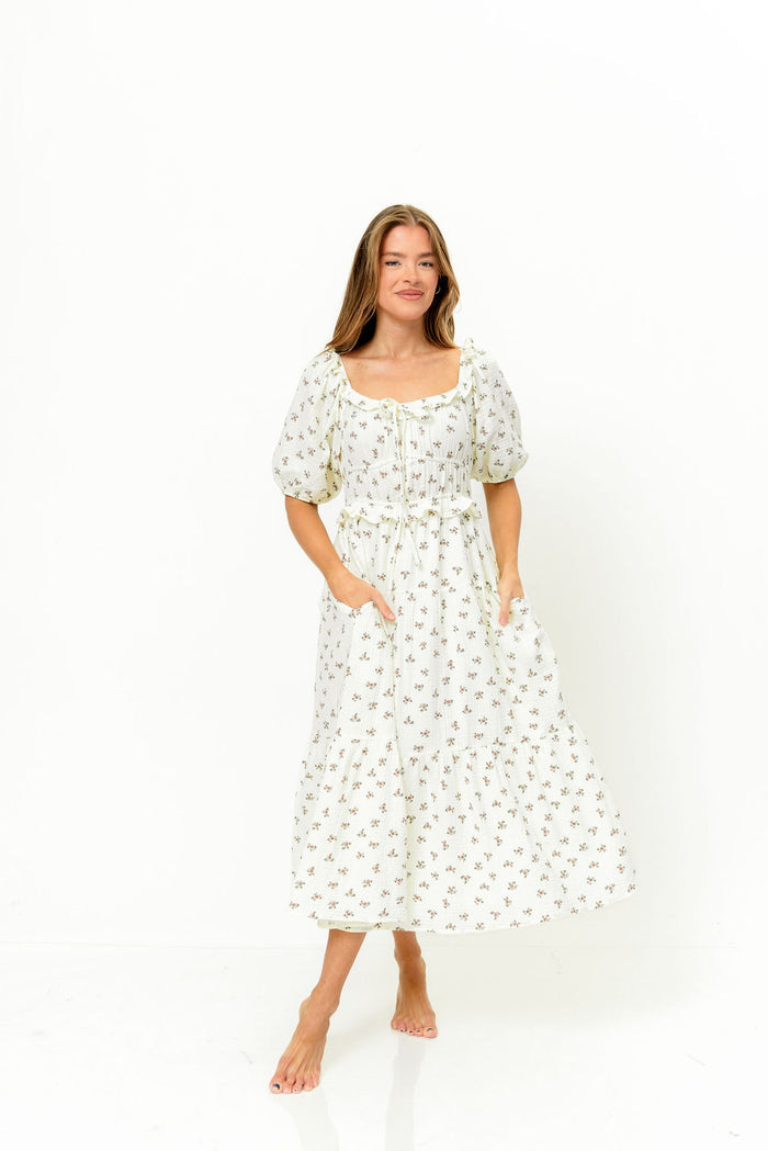 Landon 100% Cotton Ruched Puff Sleeve Ruffle Tiered Floral Midi Dress in Beige - Bump Friendly