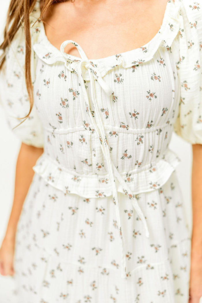 Landon 100% Cotton Ruched Puff Sleeve Ruffle Tiered Floral Midi Dress in Beige - Bump Friendly
