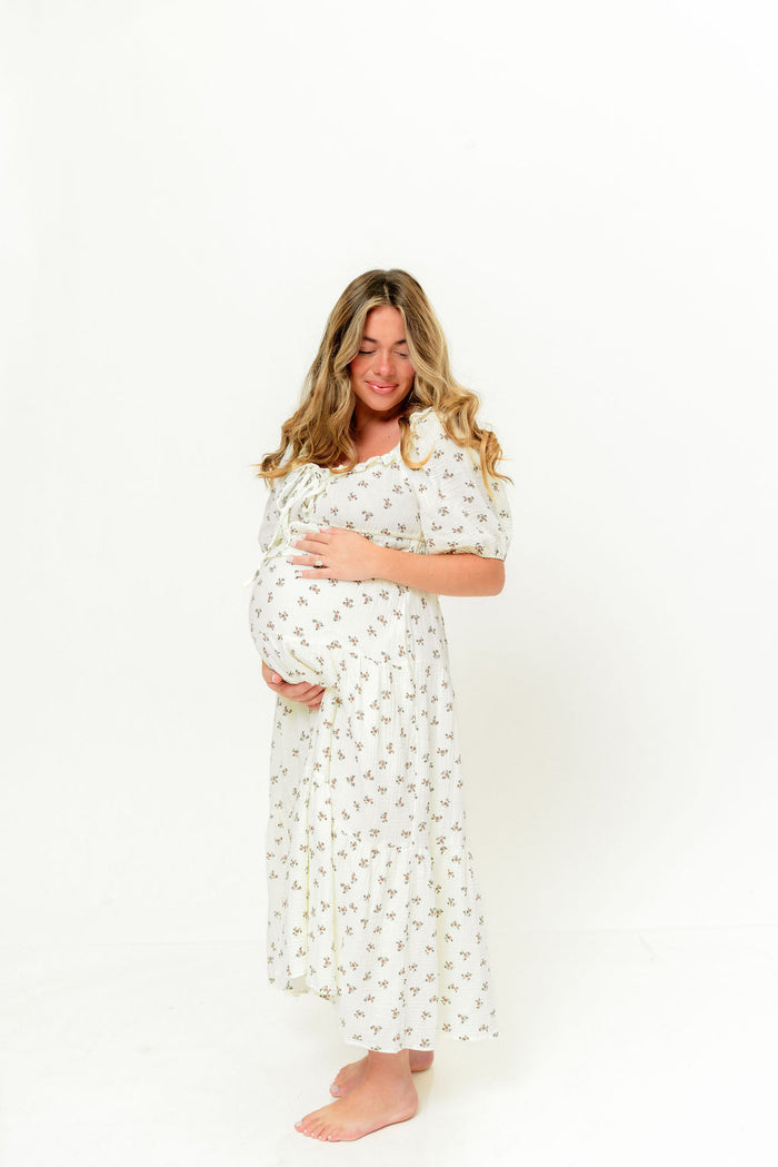 Landon 100% Cotton Ruched Puff Sleeve Ruffle Tiered Floral Midi Dress in Beige - Bump Friendly