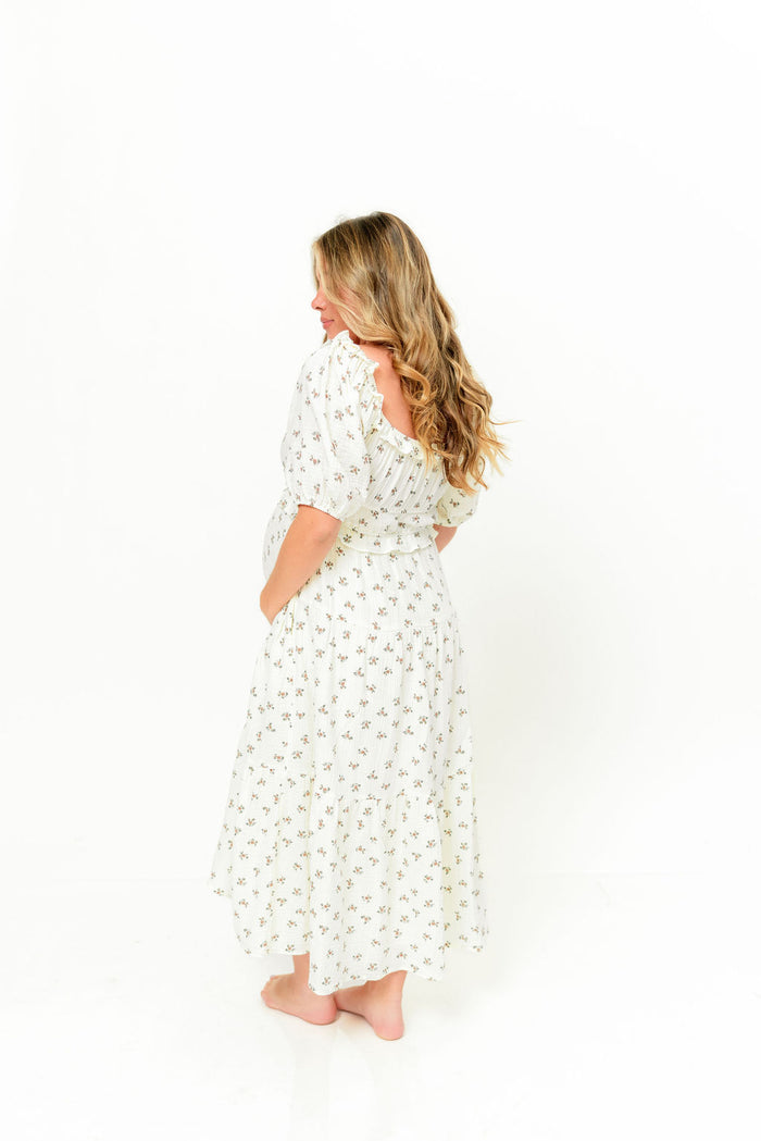 Landon 100% Cotton Ruched Puff Sleeve Ruffle Tiered Floral Midi Dress in Beige - Bump Friendly