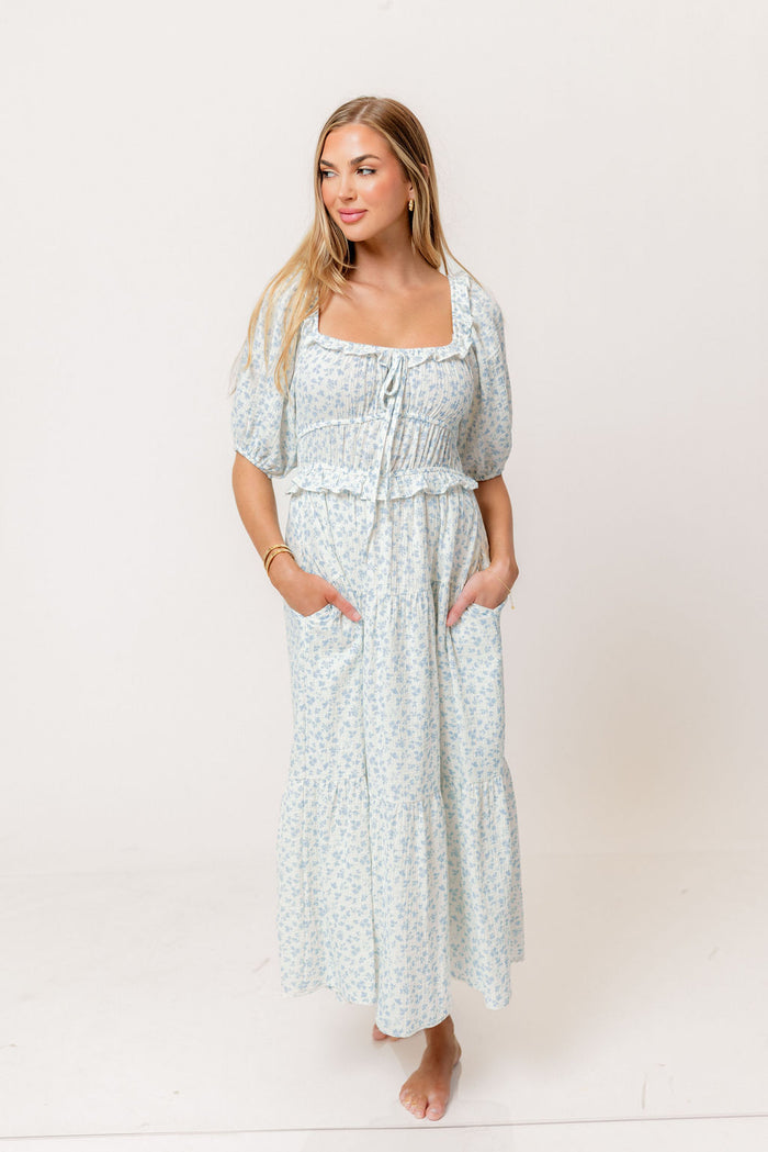 Landon 100% Cotton Ruched Puff Sleeve Ruffle Tiered Floral Midi Dress in Blue - Bump Friendly