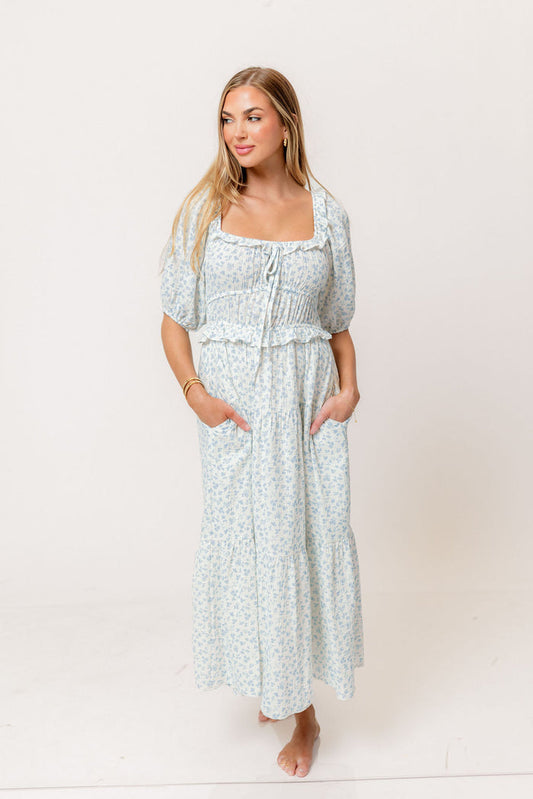 Landon 100% Cotton Ruched Puff Sleeve Ruffle Tiered Floral Midi Dress in Blue - Bump Friendly