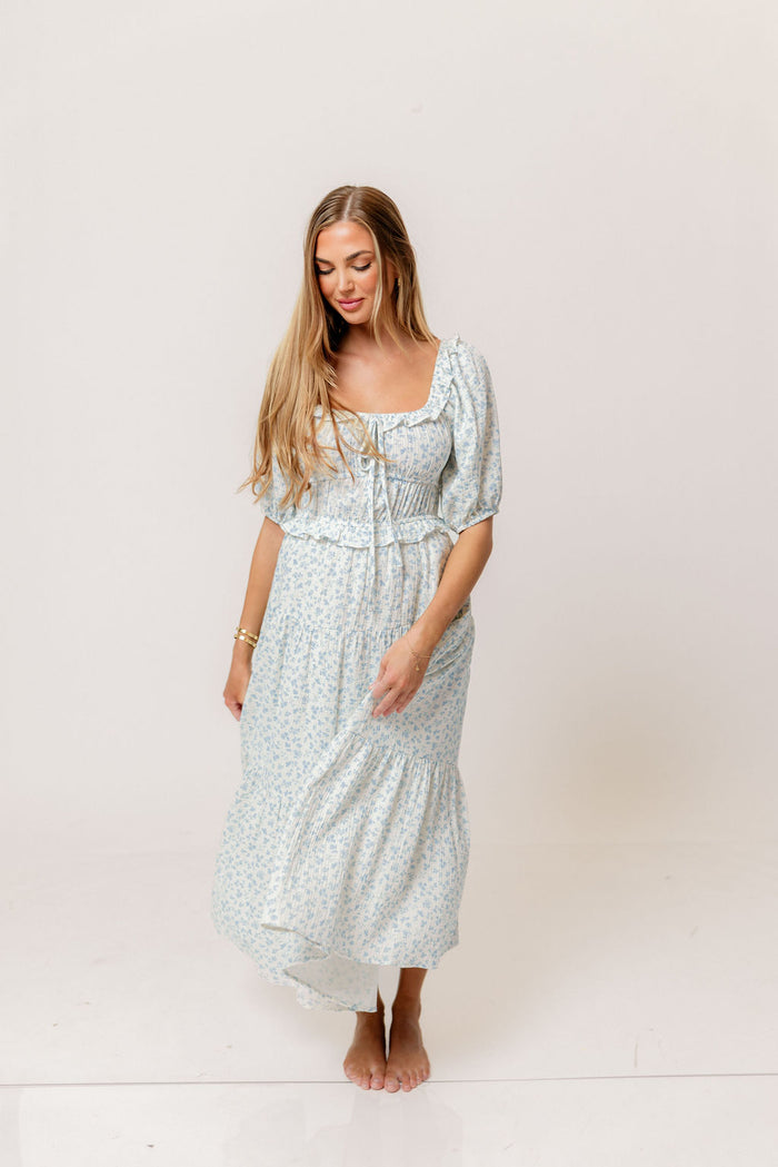 Landon 100% Cotton Ruched Puff Sleeve Ruffle Tiered Floral Midi Dress in Blue - Bump Friendly