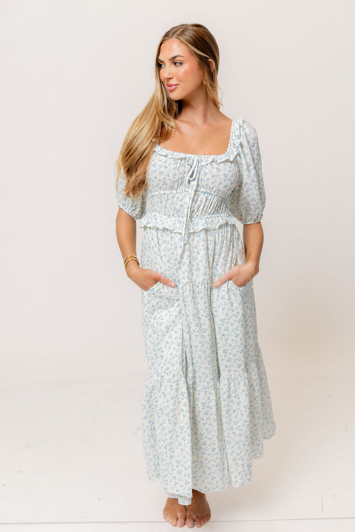Landon 100% Cotton Ruched Puff Sleeve Ruffle Tiered Floral Midi Dress in Blue - Bump Friendly