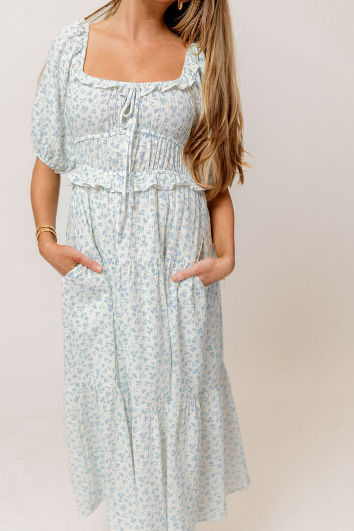 Landon 100% Cotton Ruched Puff Sleeve Ruffle Tiered Floral Midi Dress in Blue - Bump Friendly