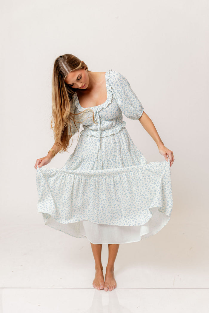 Landon 100% Cotton Ruched Puff Sleeve Ruffle Tiered Floral Midi Dress in Blue - Bump Friendly
