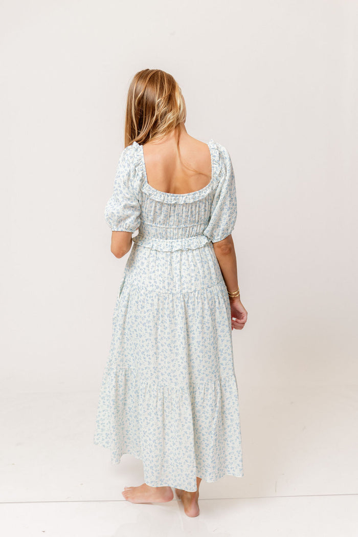 Landon 100% Cotton Ruched Puff Sleeve Ruffle Tiered Floral Midi Dress in Blue - Bump Friendly
