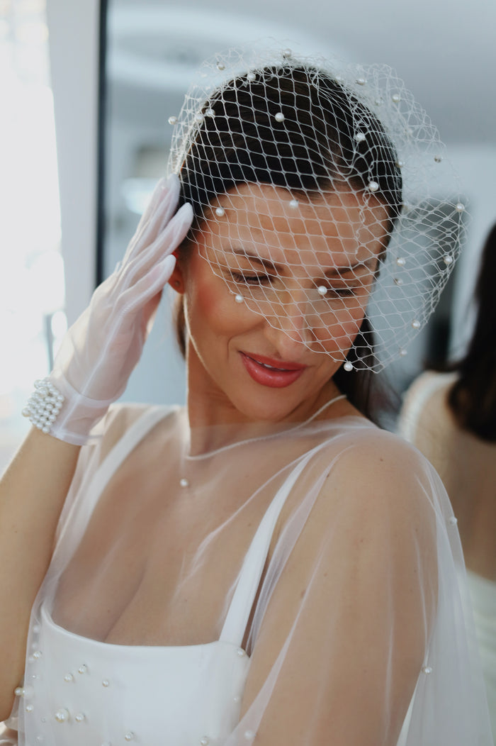 Large Birdcage Bridal Veil with Pearls
