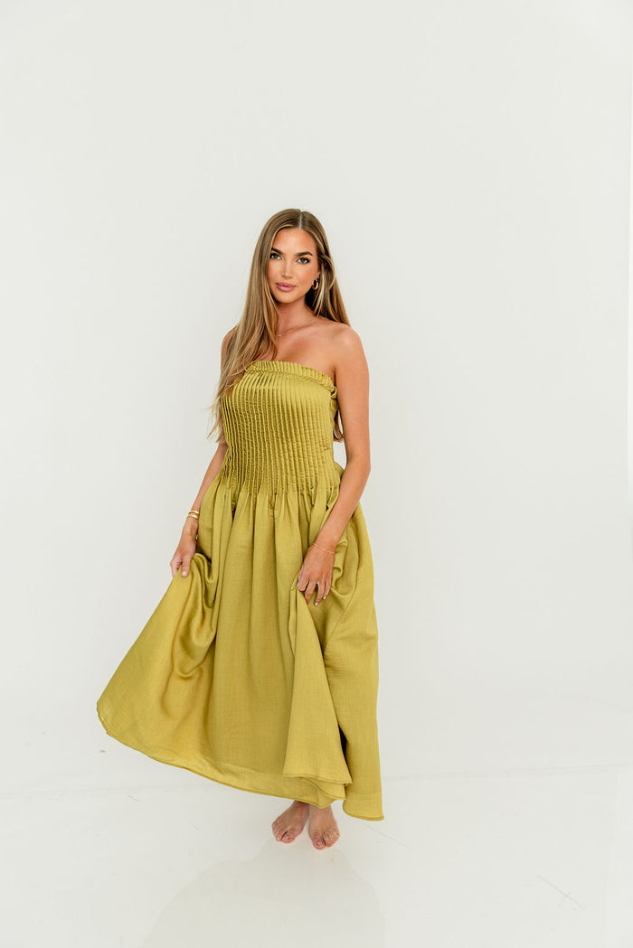 Lavina Strapless Pleated Tube Midi Dress in Dark Kiwi *Final Sale*
