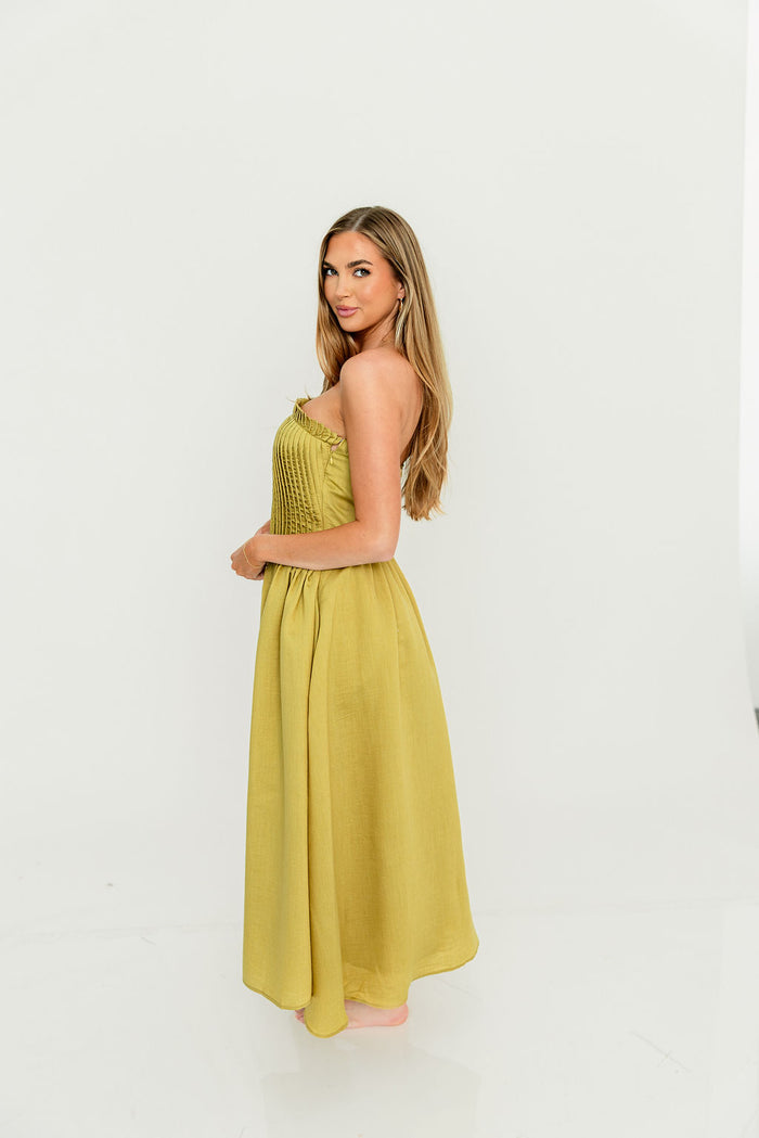 Lavina Strapless Pleated Tube Midi Dress in Dark Kiwi *Final Sale*