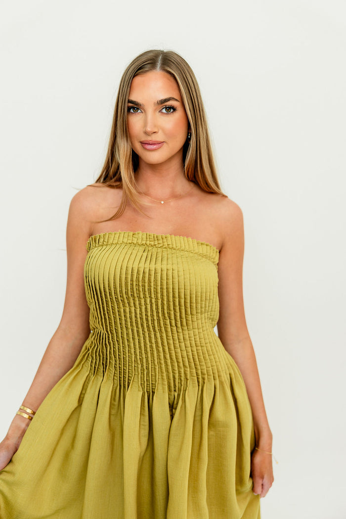 Lavina Strapless Pleated Tube Midi Dress in Dark Kiwi *Final Sale*