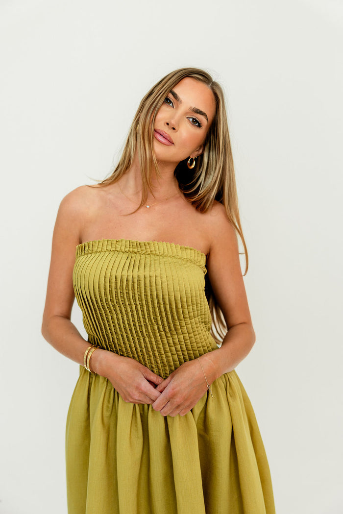 Lavina Strapless Pleated Tube Midi Dress in Dark Kiwi *Final Sale*