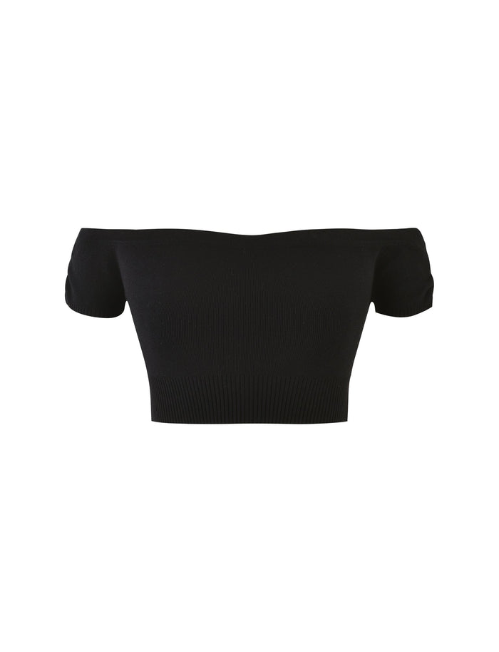 Introducing the LEDGER TOP - BLACK by TIGERMIST: This black, off-the-shoulder crop top features a fitted silhouette and a ribbed texture around the hemline. The wide neckline allows the short sleeves to gracefully rest on the upper arms, creating a chic look against a white background.