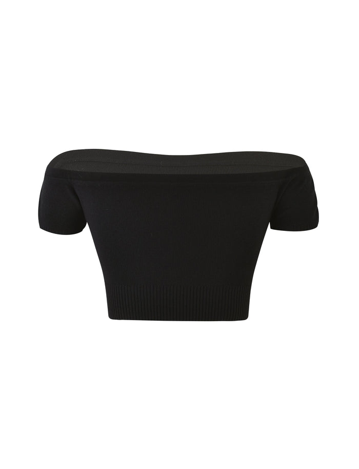 The TIGERMIST LEDGER TOP - BLACK is an off-the-shoulder crop top featuring short sleeves and a fitted silhouette. The fabric appears to be ribbed, with a wide, straight neckline that extends gracefully across the shoulders.