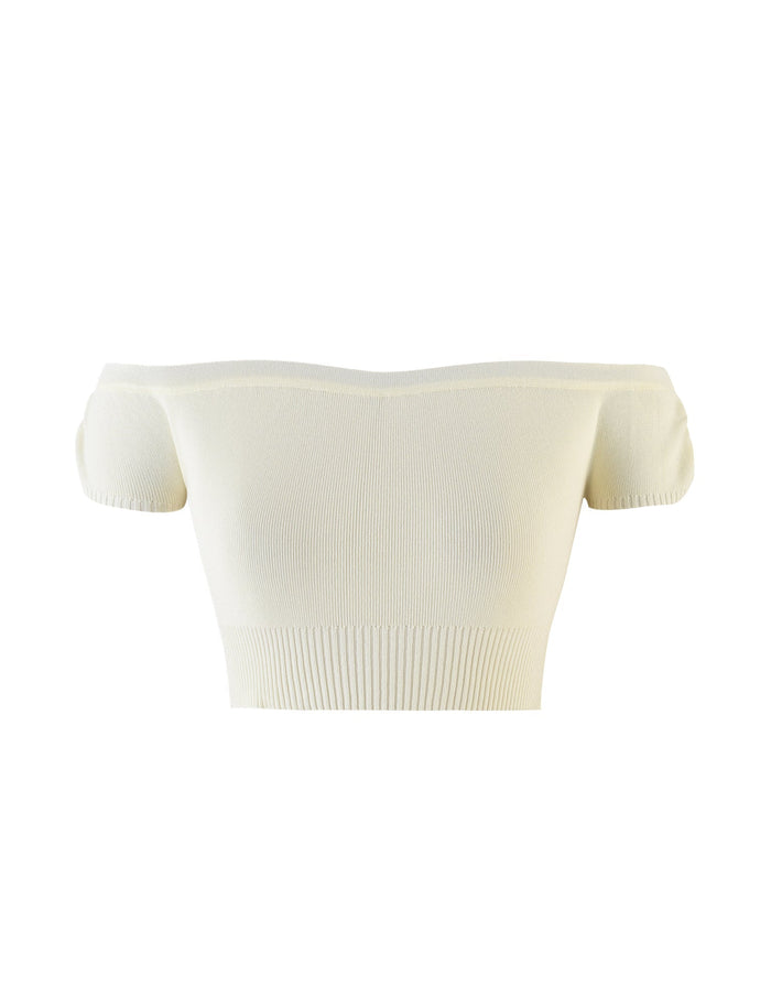 The TIGERMIST LEDGER TOP in white and cream is an off-the-shoulder crop top featuring a ribbed fabric and fitted design. With stretchy hems at the bottom and sleeves, it offers a snug fit, making the overall style simple yet elegant.