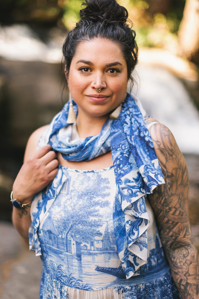 Let the Light In airy bamboo viscose scarf featuring print of Delft blue and white pottery, and positive message of light and hope - Market of Stars
