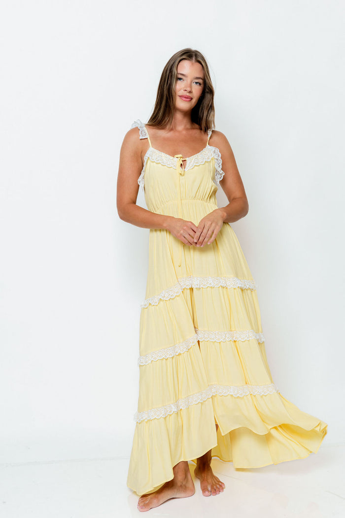 Letty Lace-Trimmed Tiered Maxi Dress in Yellow