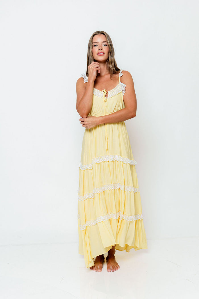 Letty Lace-Trimmed Tiered Maxi Dress in Yellow