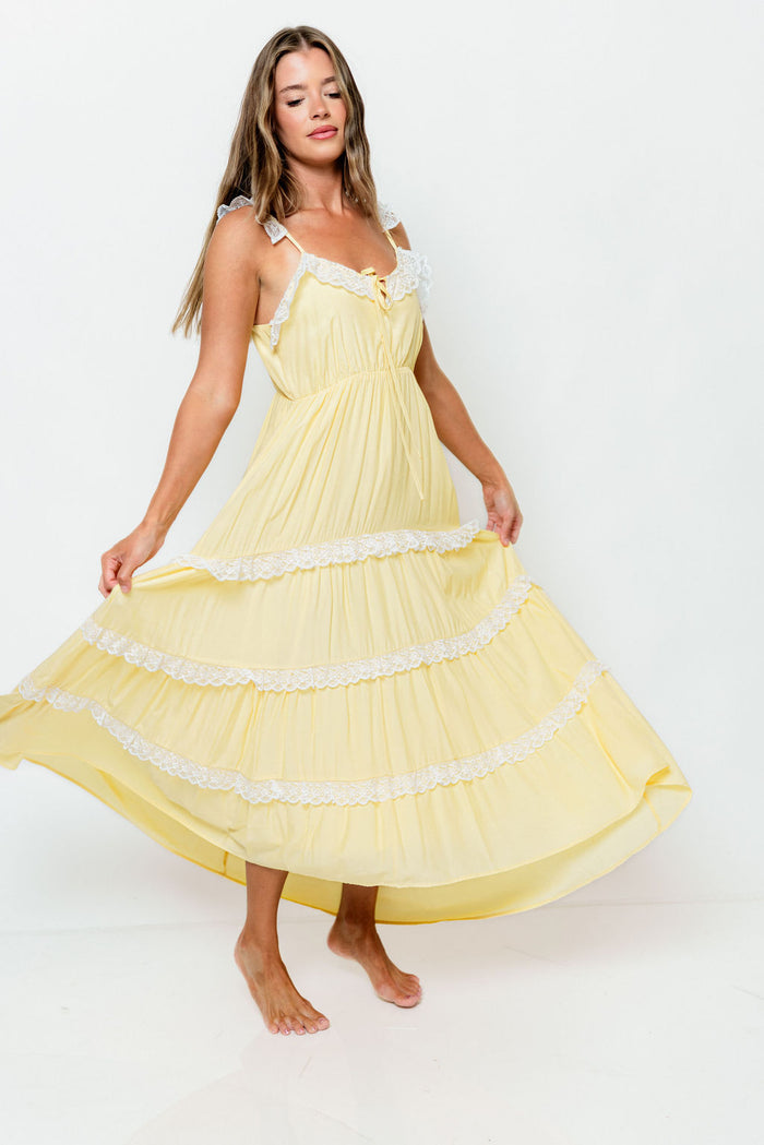 Letty Lace-Trimmed Tiered Maxi Dress in Yellow