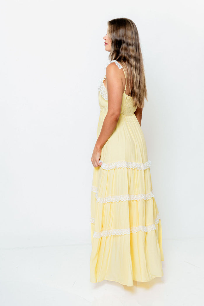 Letty Lace-Trimmed Tiered Maxi Dress in Yellow