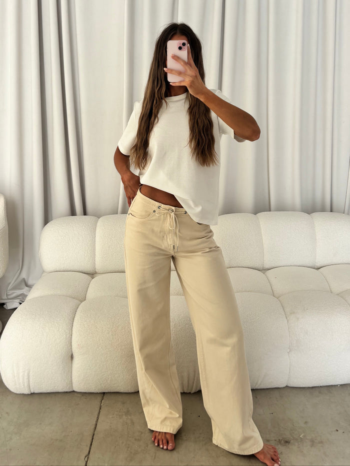 Lia Drawstring Wide Leg Pants in Stone
