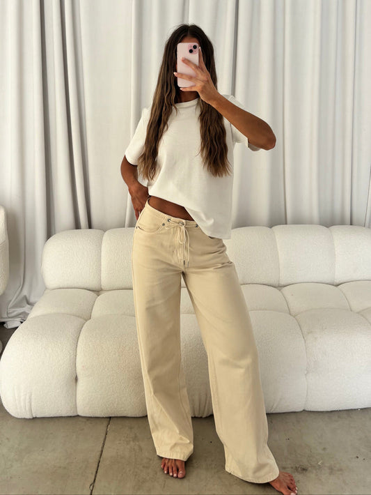 Lia Drawstring Wide Leg Pants in Stone