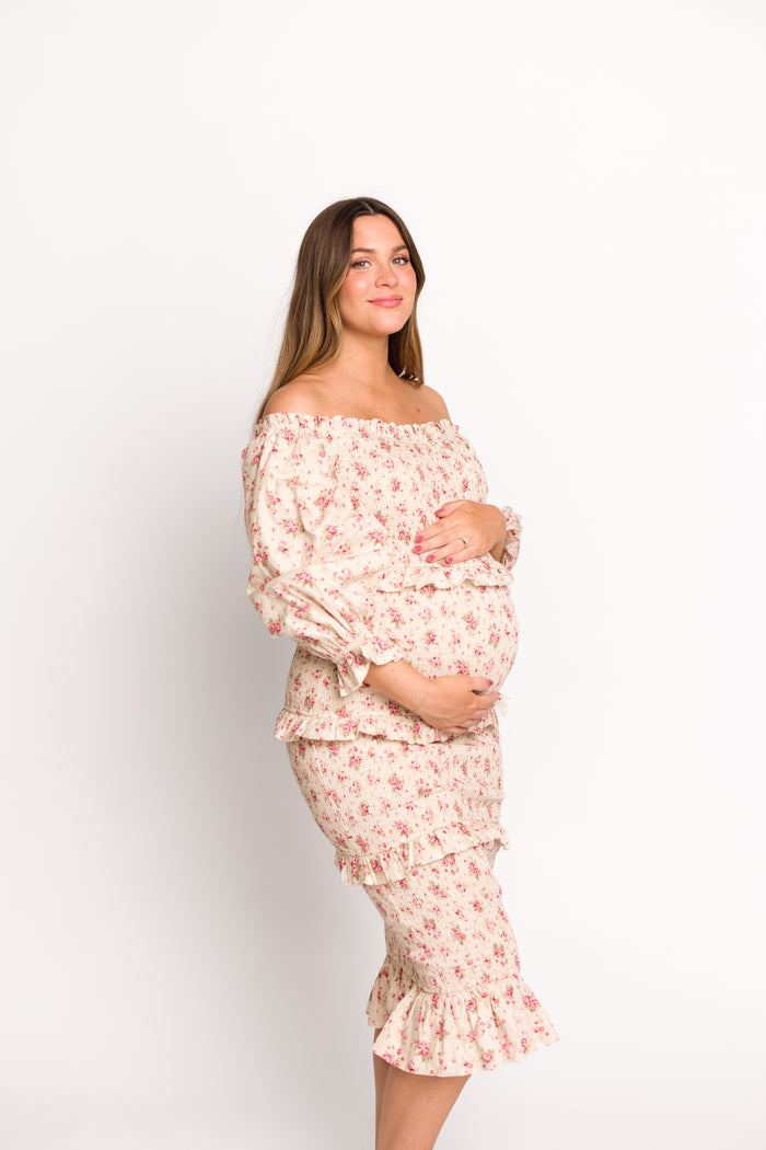 Lila Floral Printed Smocked Midi Dress in Pink - Bump Friendly *Final-Sale*