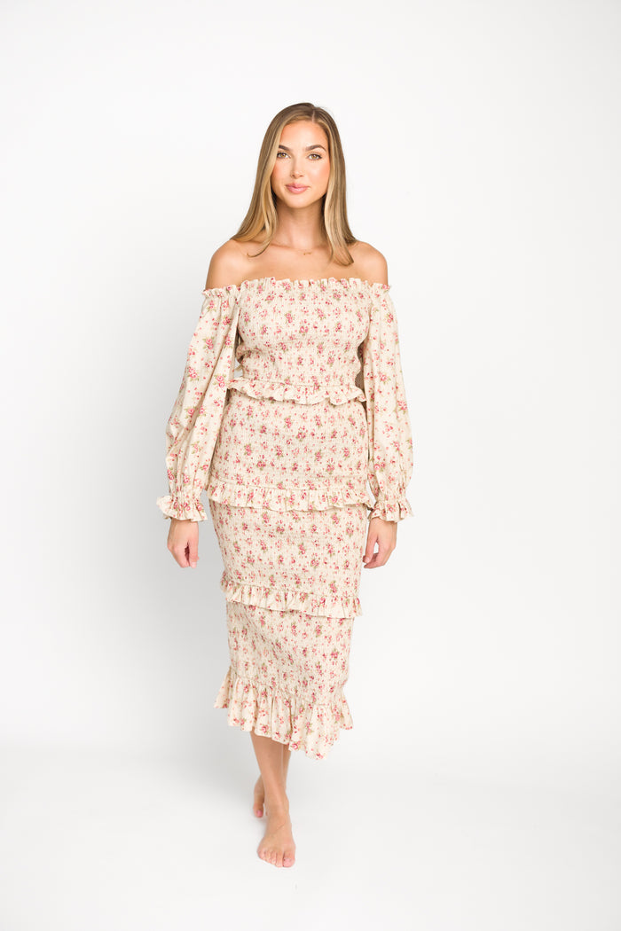 Lila Floral Printed Smocked Midi Dress in Pink - Bump Friendly *Final-Sale*