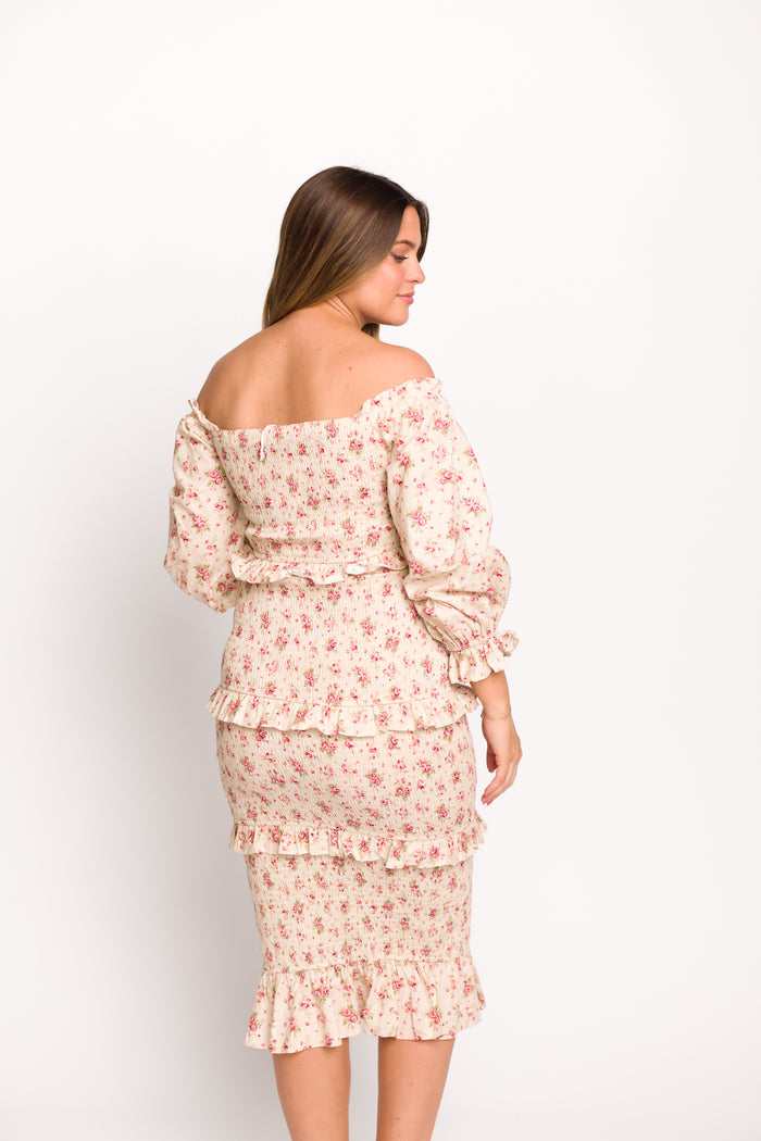 Lila Floral Printed Smocked Midi Dress in Pink - Bump Friendly *Final-Sale*