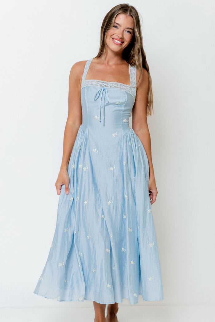 Lilibet Embroidered Lace Trim Midi Dress in Blue *Final Sale*