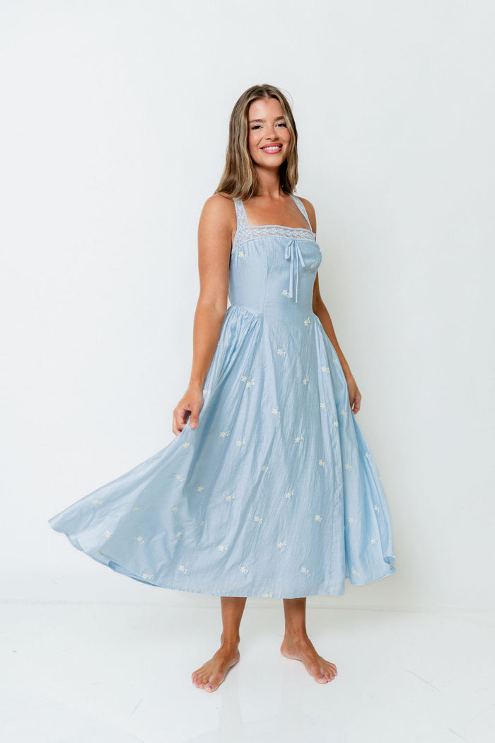 Lilibet Embroidered Lace Trim Midi Dress in Blue *Final Sale*