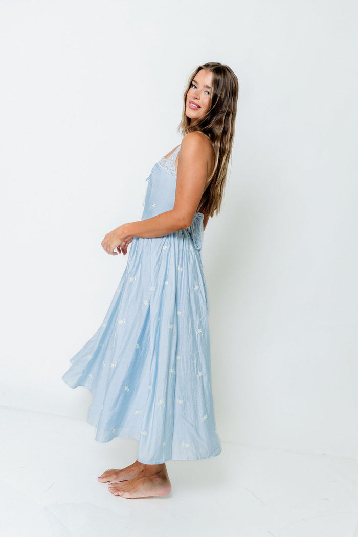 Lilibet Embroidered Lace Trim Midi Dress in Blue *Final Sale*