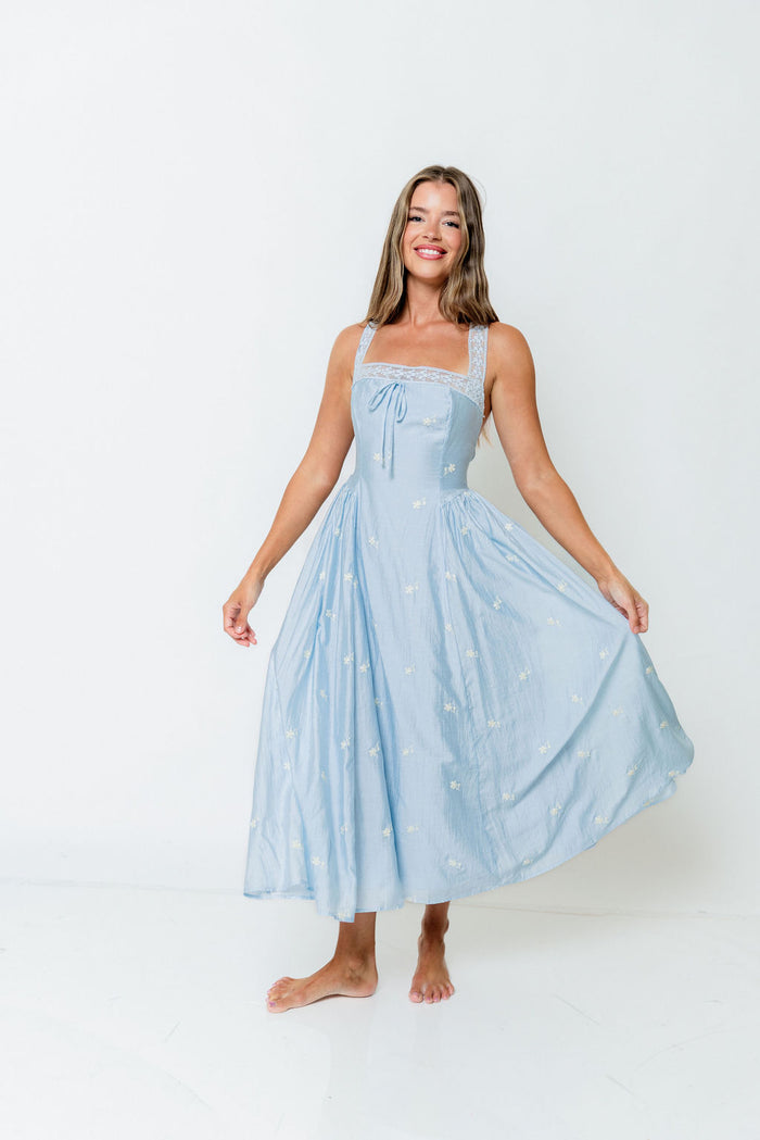 Lilibet Embroidered Lace Trim Midi Dress in Blue *Final Sale*
