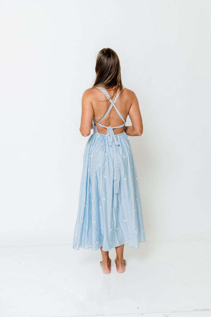 Lilibet Embroidered Lace Trim Midi Dress in Blue *Final Sale*