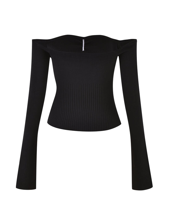 The LILYANNA LONG SLEEVE TOP - BLACK by TIGERMIST is an elegantly minimalist, black off-the-shoulder top. It features rib detail, long sleeves that extend beyond the wrists, and a zipper closure at the back. The knit fabrication ensures a stretchy and snug fit.